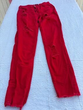 BAMBOO Women's Straight Leg Distressed Jeans - Red